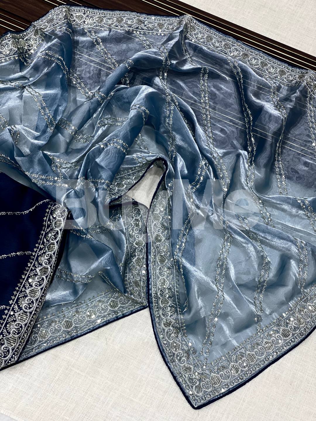 SILK EMBROIDERY SEQUINS WORKED SAREE - BLUE