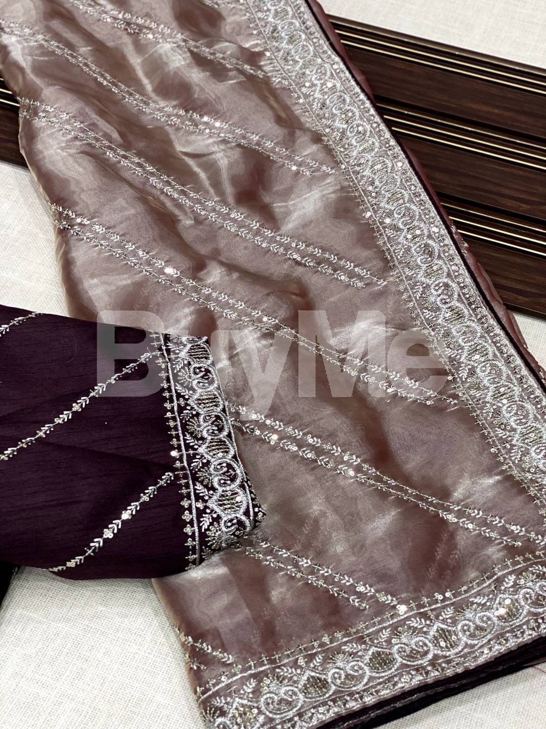 SILK EMBROIDERY SEQUINS WORKED SAREE - DARK BROWN