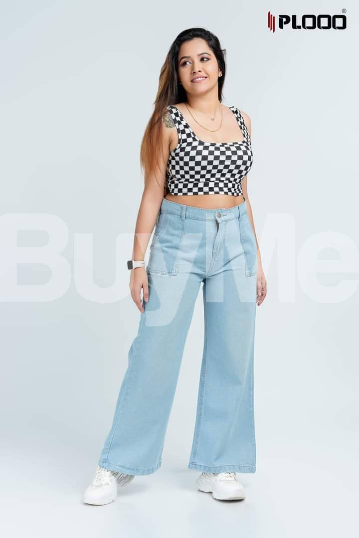 PLOOO BRANDED FRONT POCKET LADIES DENIM - ICE BLUE