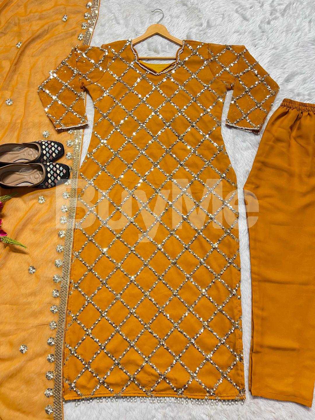 GEORGETTE WORKED TOP AND PANT WITH DUPATTA