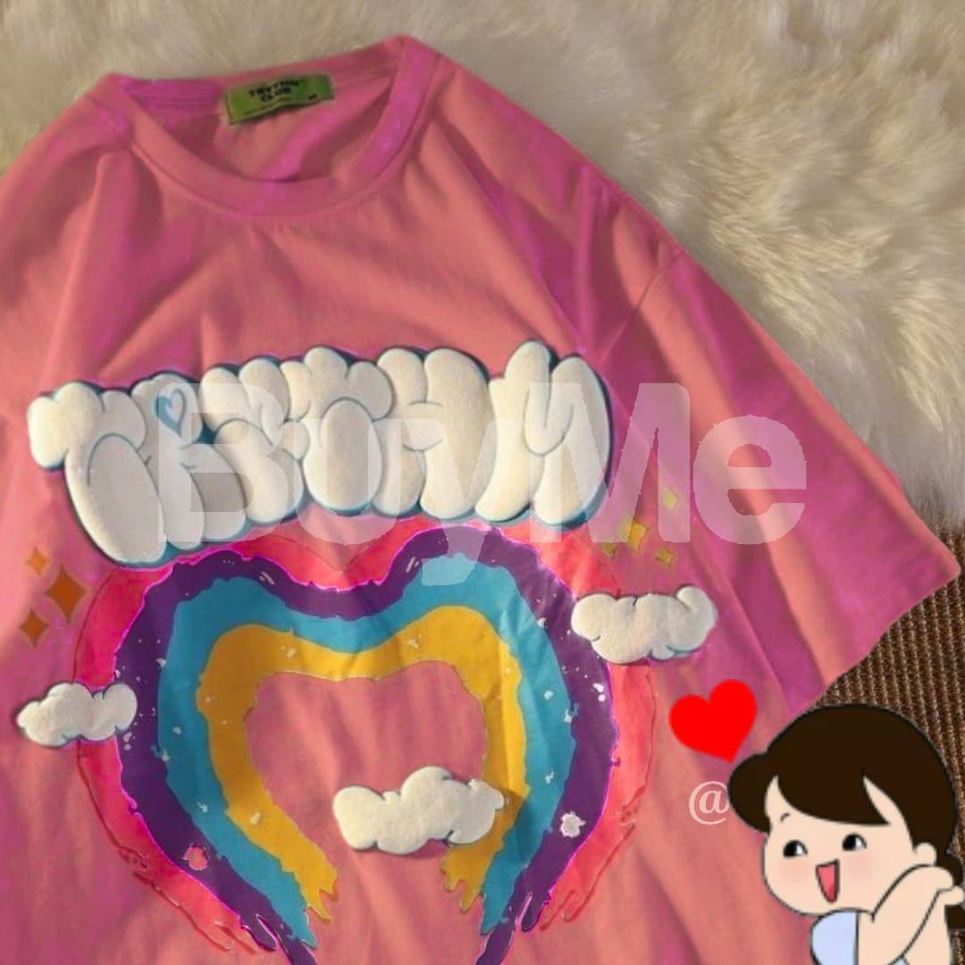 PUFF PRINT LADIES BAGGY T SHIRT - PINK
